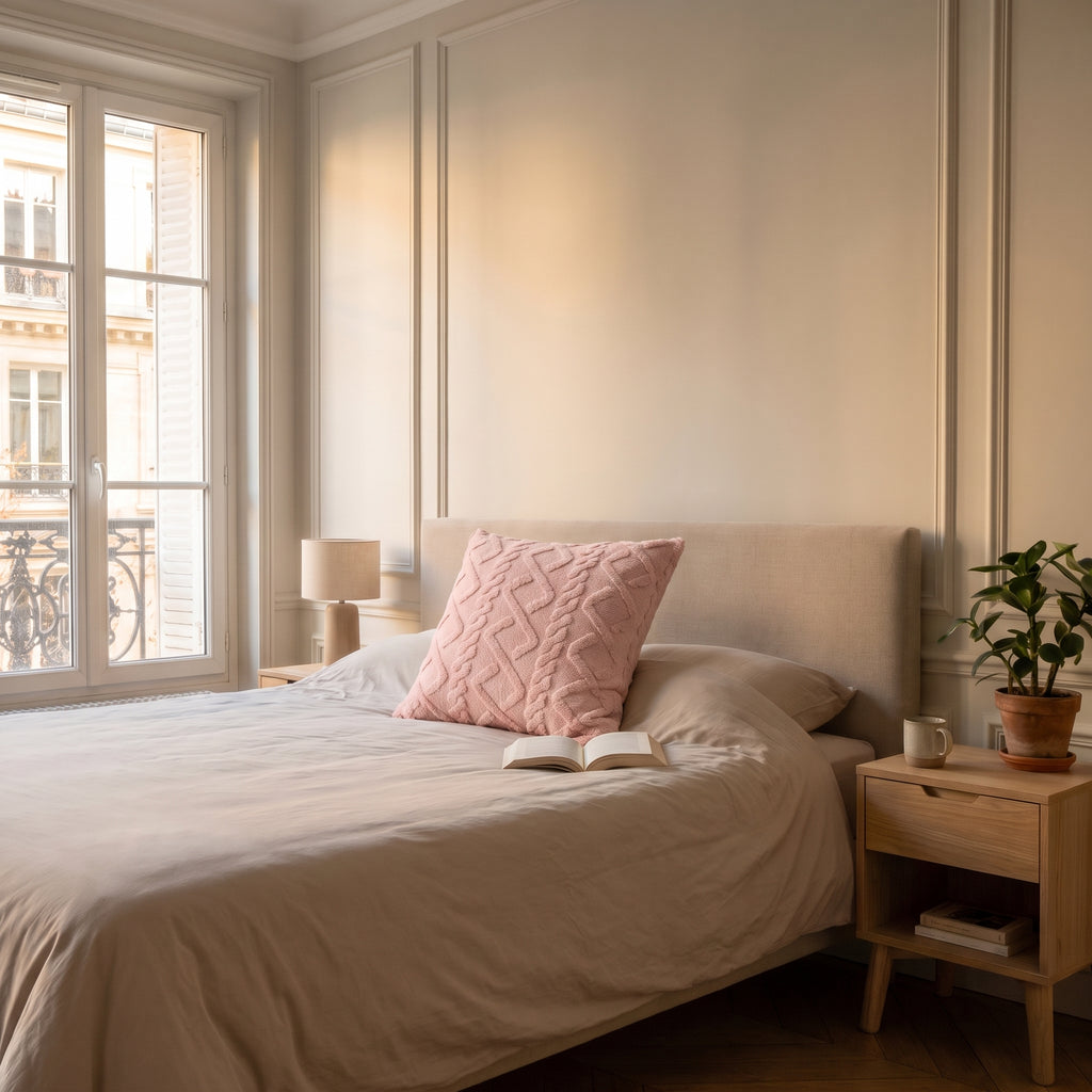 Housse de coussin rose à motif torsadé posée sur un lit dans une chambre