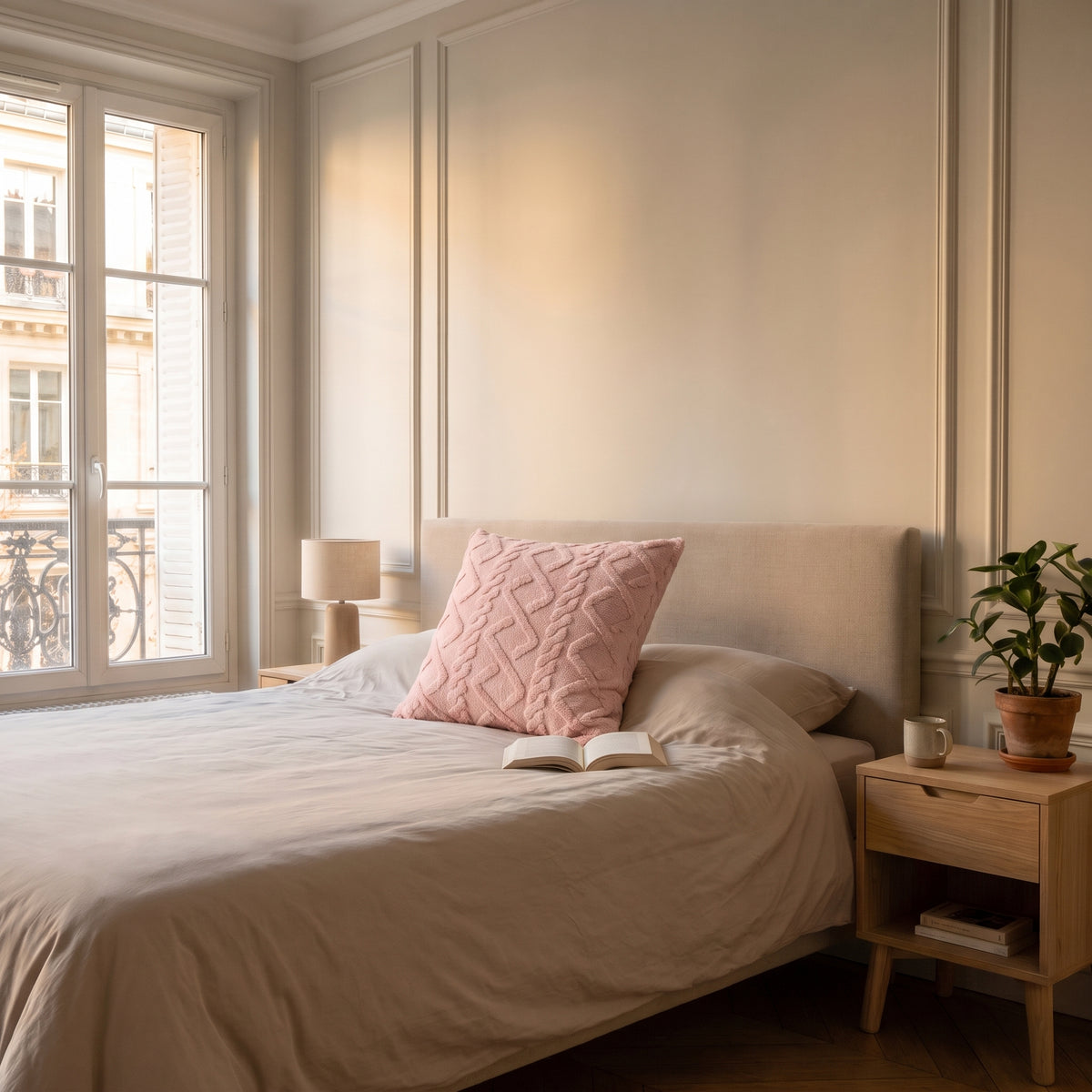 Housse de coussin rose à motif torsadé posée sur un lit dans une chambre