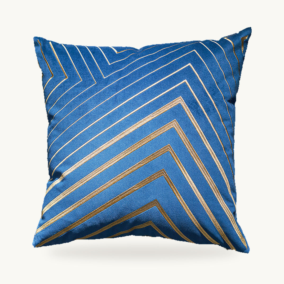 Housse de coussin bleue carrée à dessin géométrique doré