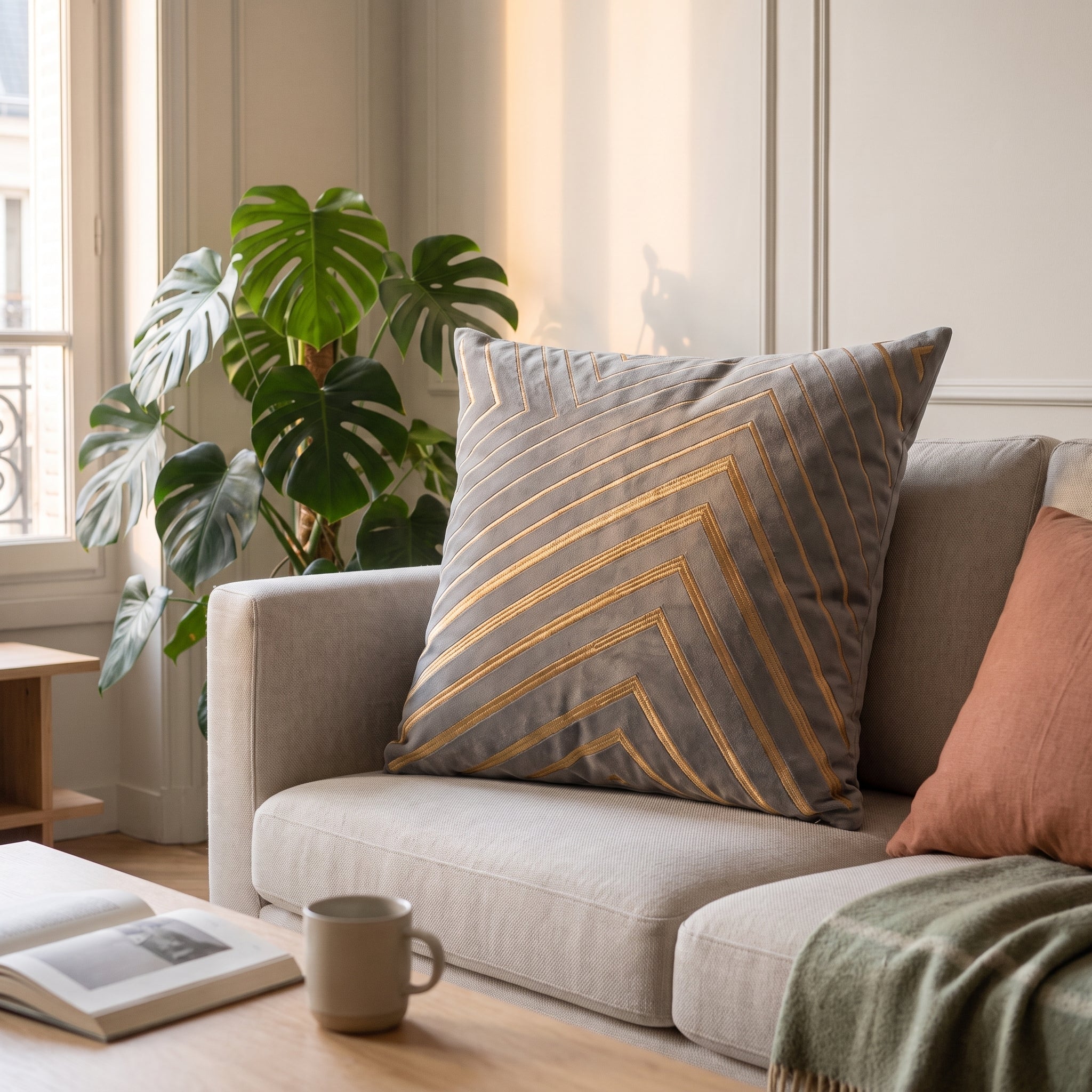 Housse de coussin grise carrée à lignes dorées sur un canapé Image
