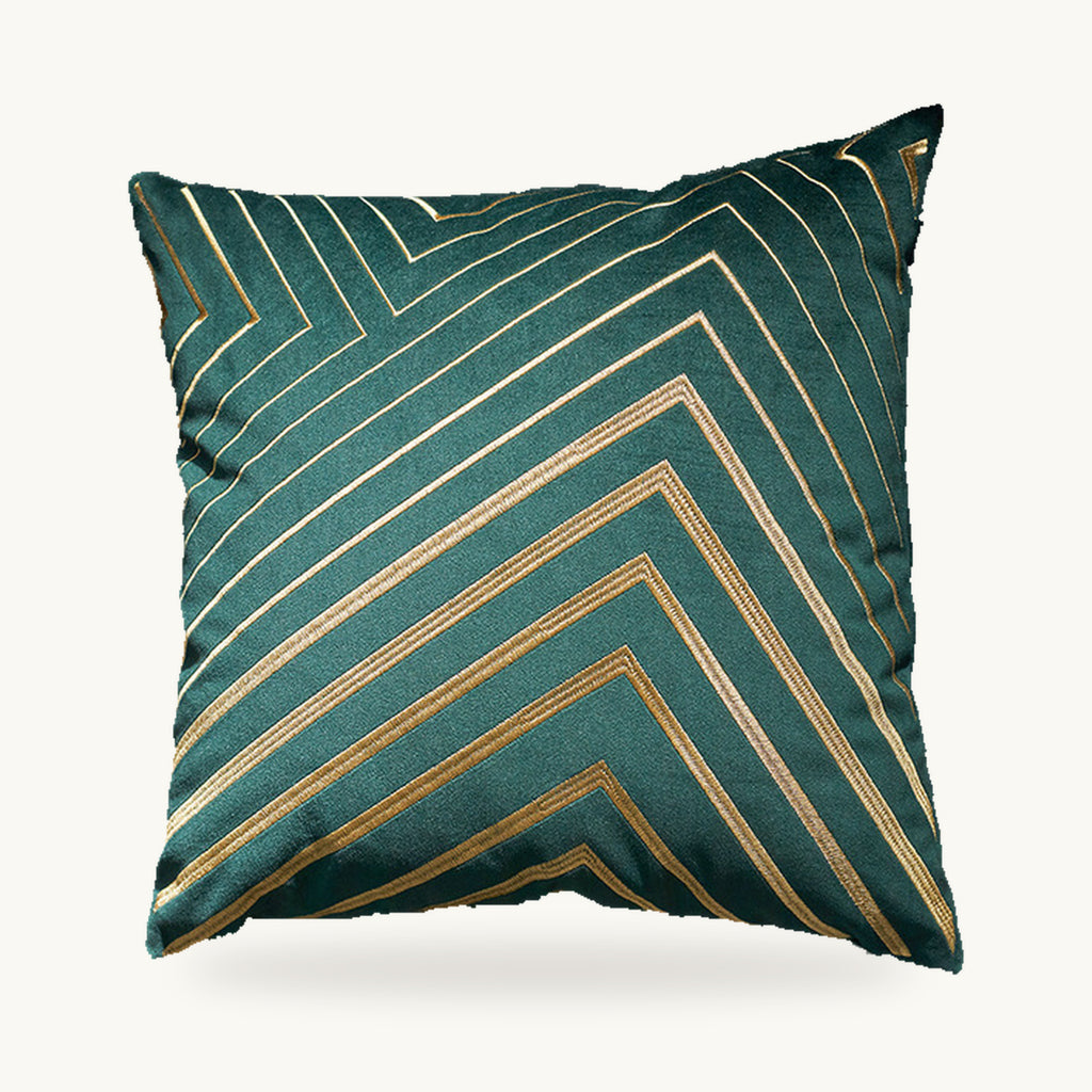 Housse de coussin verte carrée à dessin géométrique doré