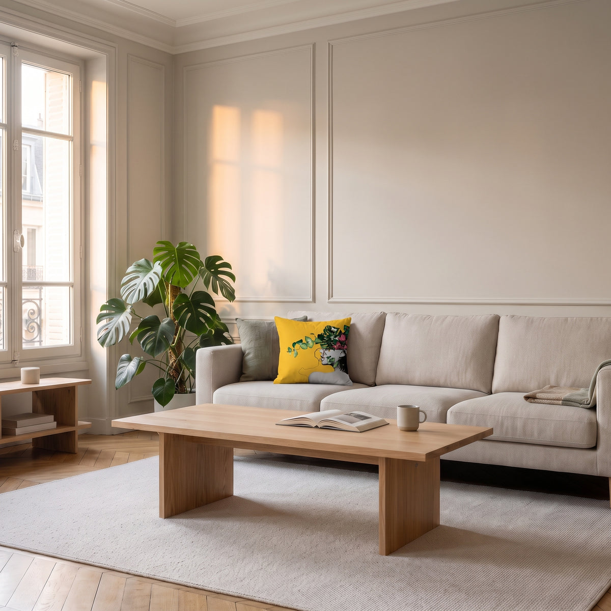 Housse de coussin jaune dans un salon lumineux Image