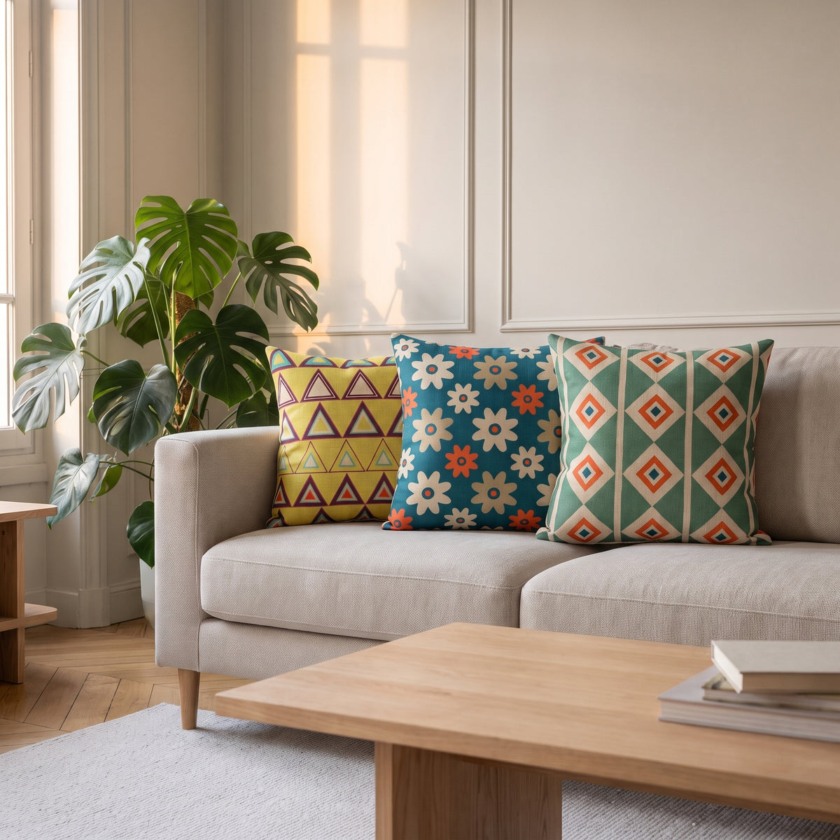 Trois housses de coussin à motifs posées sur un canapé dans un salon lumineux Image