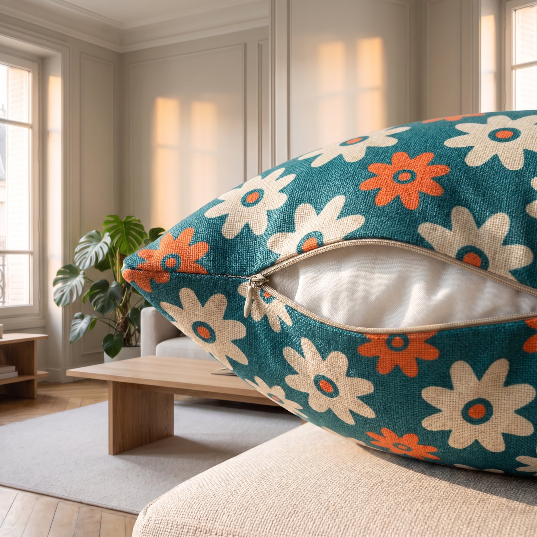Fermeture à glissière entrouverte sur l'angle d'une housse de coussin Image