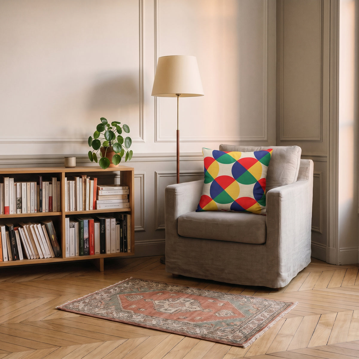 Housse de coussin à motif Cercles multicolores, posée dans un fauteuil de coin lecture