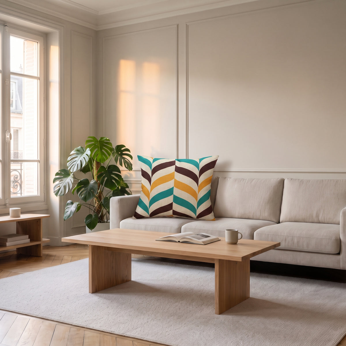 Housse de coussin à motif Chevrons moutarde et bleu, posée sur un canapé dans un salon lumineux