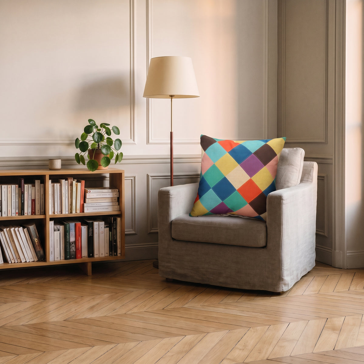Housse de coussin à motif Damier de losanges multicolores, posée dans un fauteuil de coin lecture