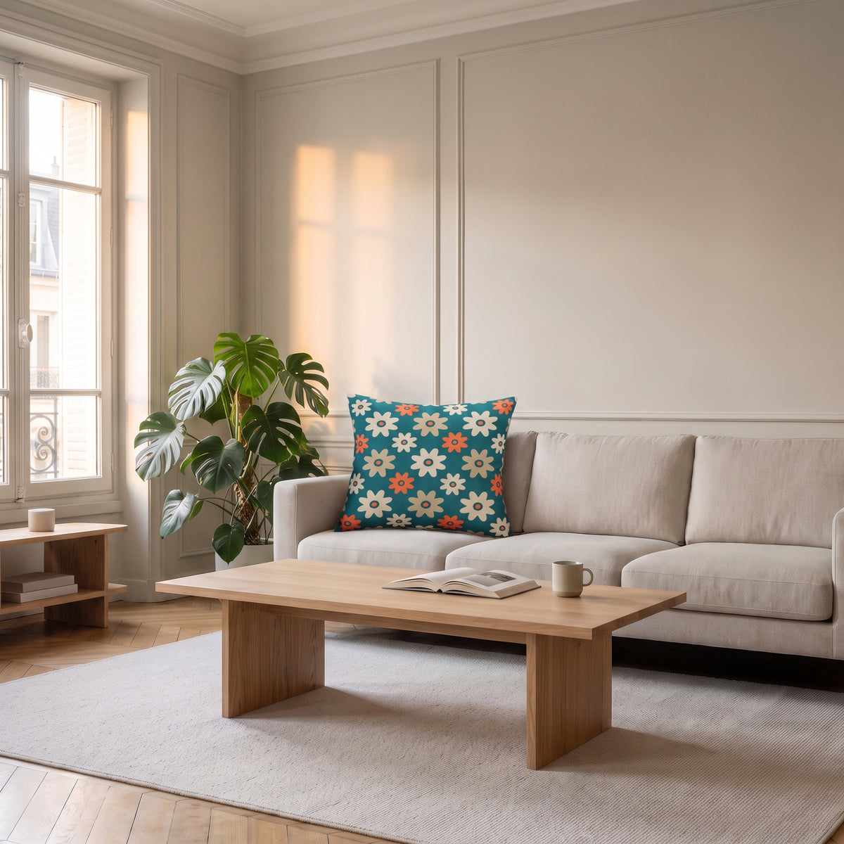 Housse de coussin à motif Fleurs sur bleu canard, posée sur un canapé dans un salon lumineux