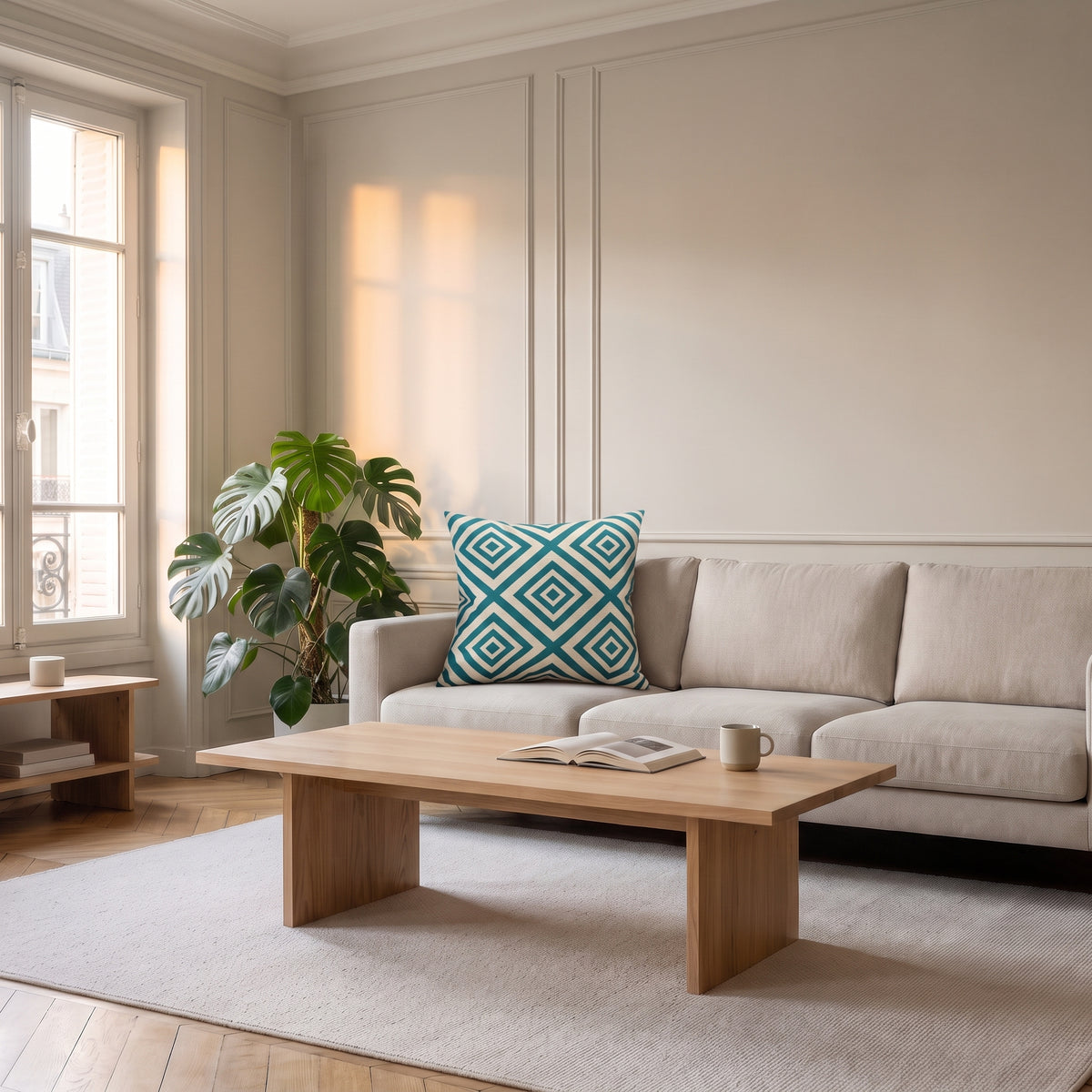 Housse de coussin à motif Losanges concentriques bleu canard, posée sur un canapé dans un salon lumineux
