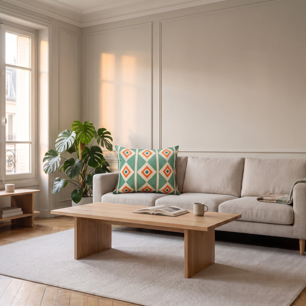 Housse de coussin à motif Losanges vert d'eau et orange, posée sur un canapé dans un salon lumineux