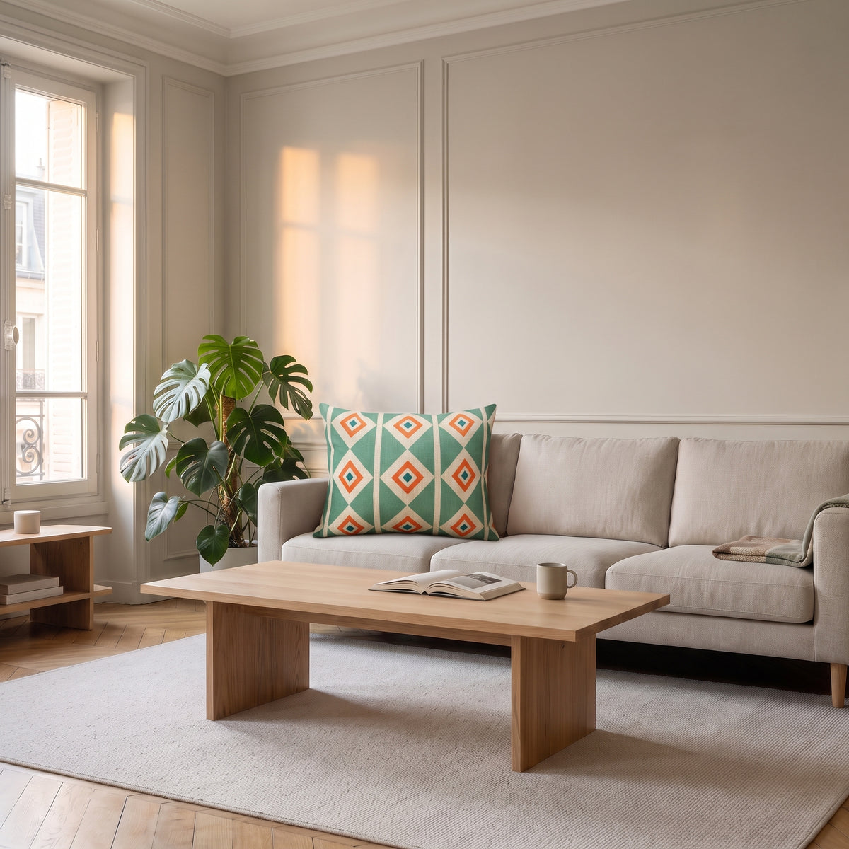 Housse de coussin à motif Losanges vert d'eau et orange, posée sur un canapé dans un salon lumineux