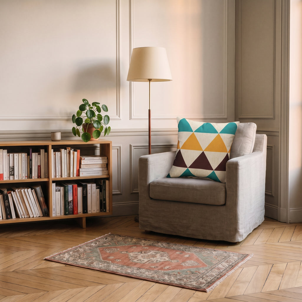 Housse de coussin à motif Triangles bleus et moutarde, posée dans un fauteuil de coin lecture