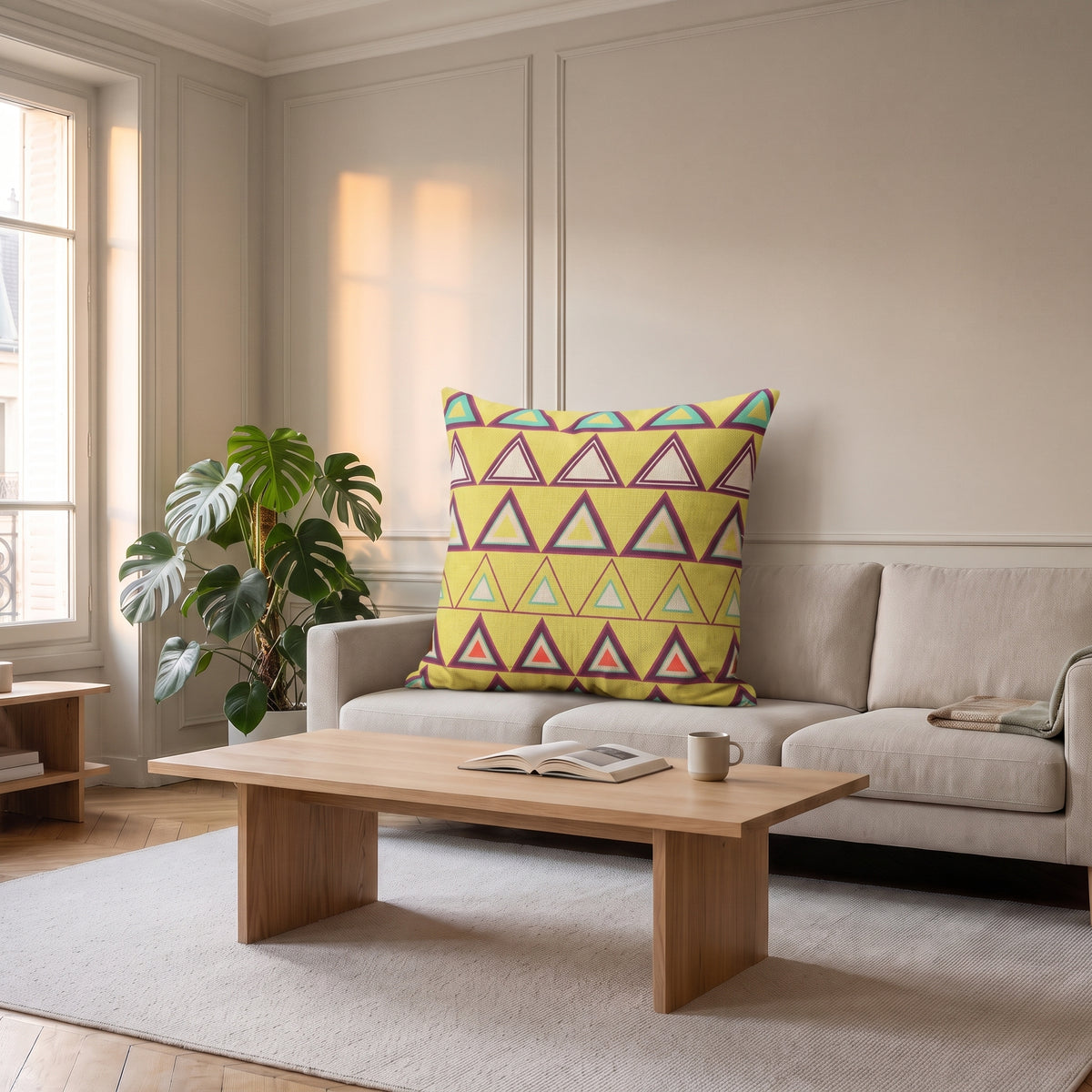 Housse de coussin à motif Triangles jaunes, posée sur un canapé dans un salon lumineux