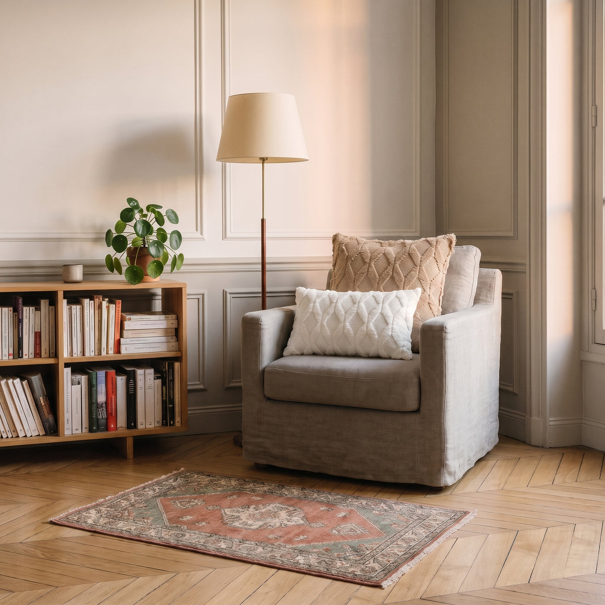 Housse de coussin beige et housse rectangulaire blanche posées dans un fauteuil de coin lecture