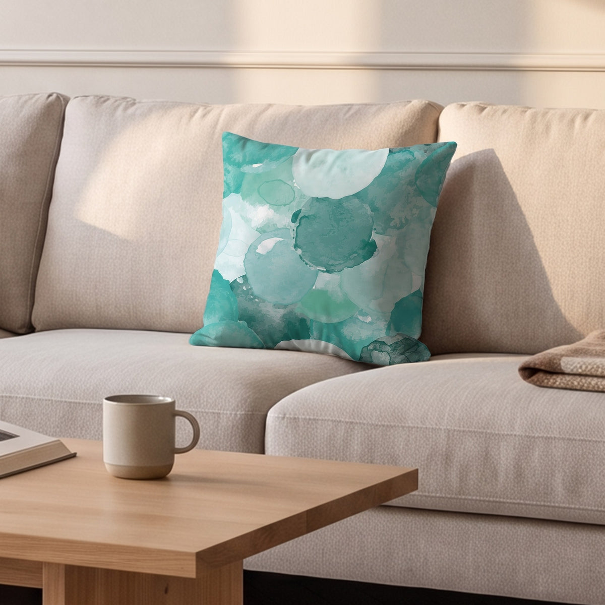 Housse de coussin, aquarelle vert d'eau, posée sur un canapé dans un salon