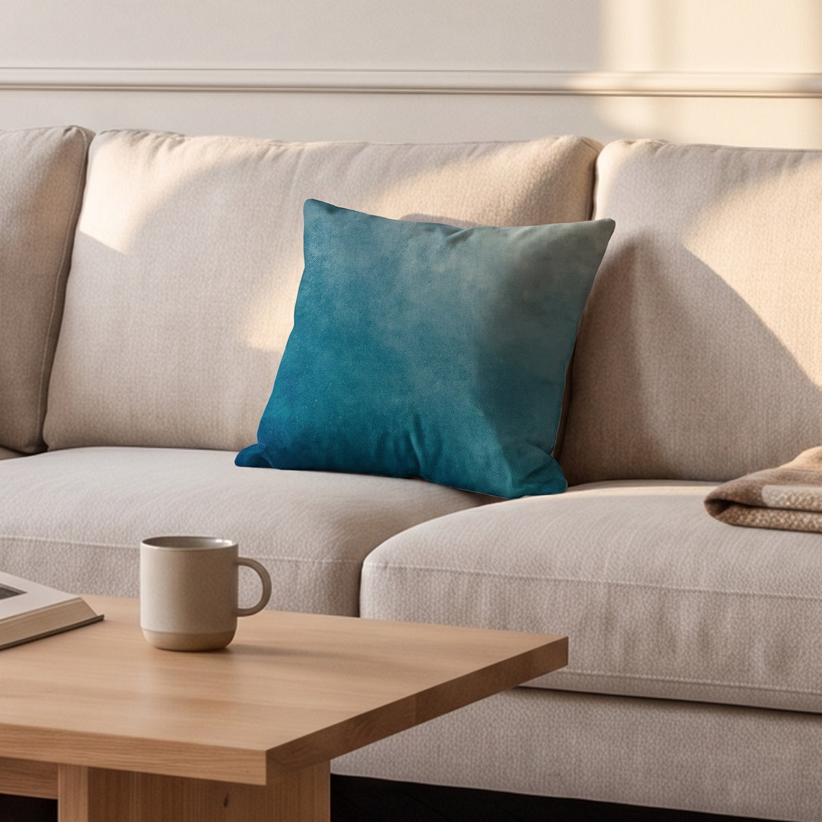 Housse de coussin, bleu nuancé, posée sur un canapé dans un salon