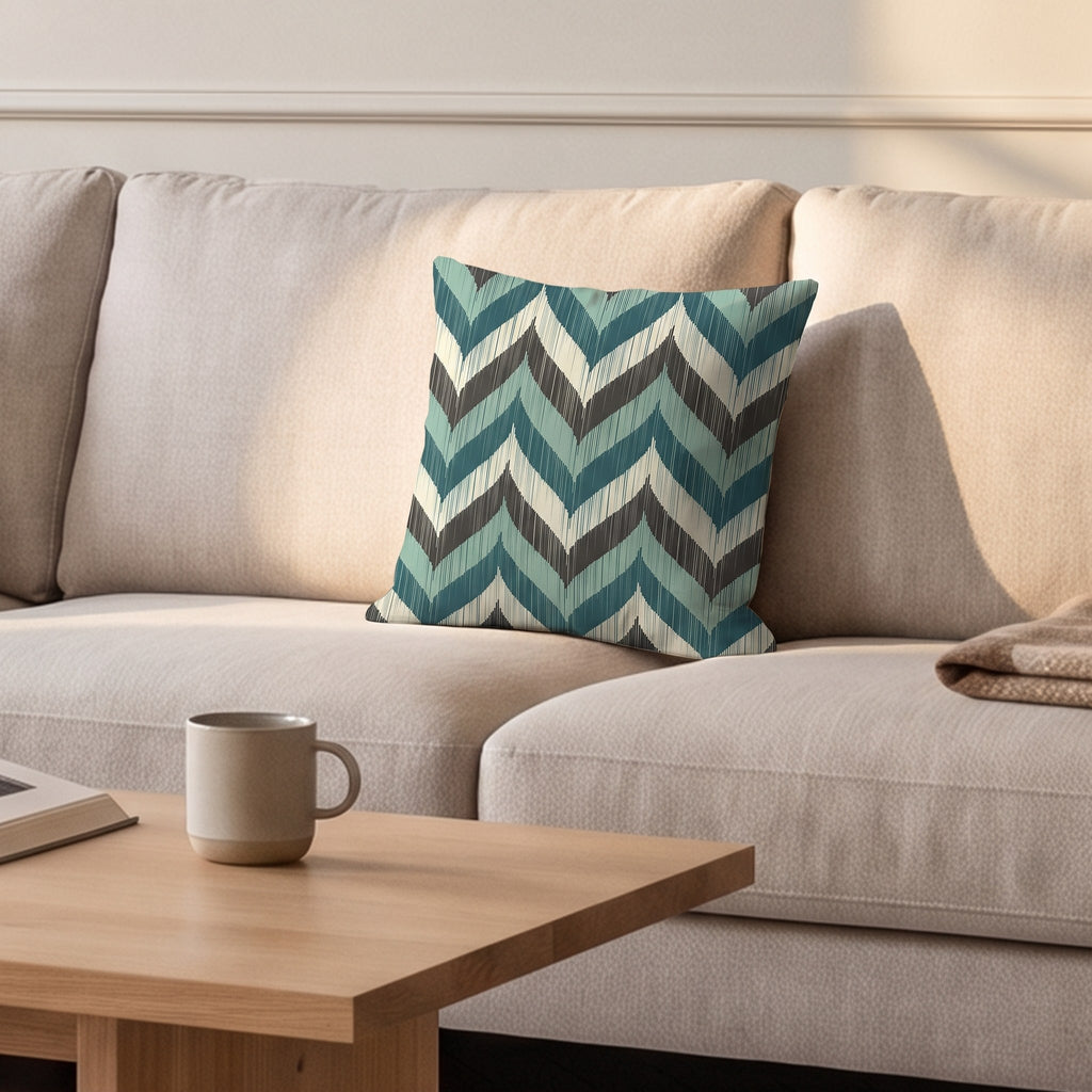 Housse de coussin, chevrons vert et gris, posée sur un canapé dans un salon