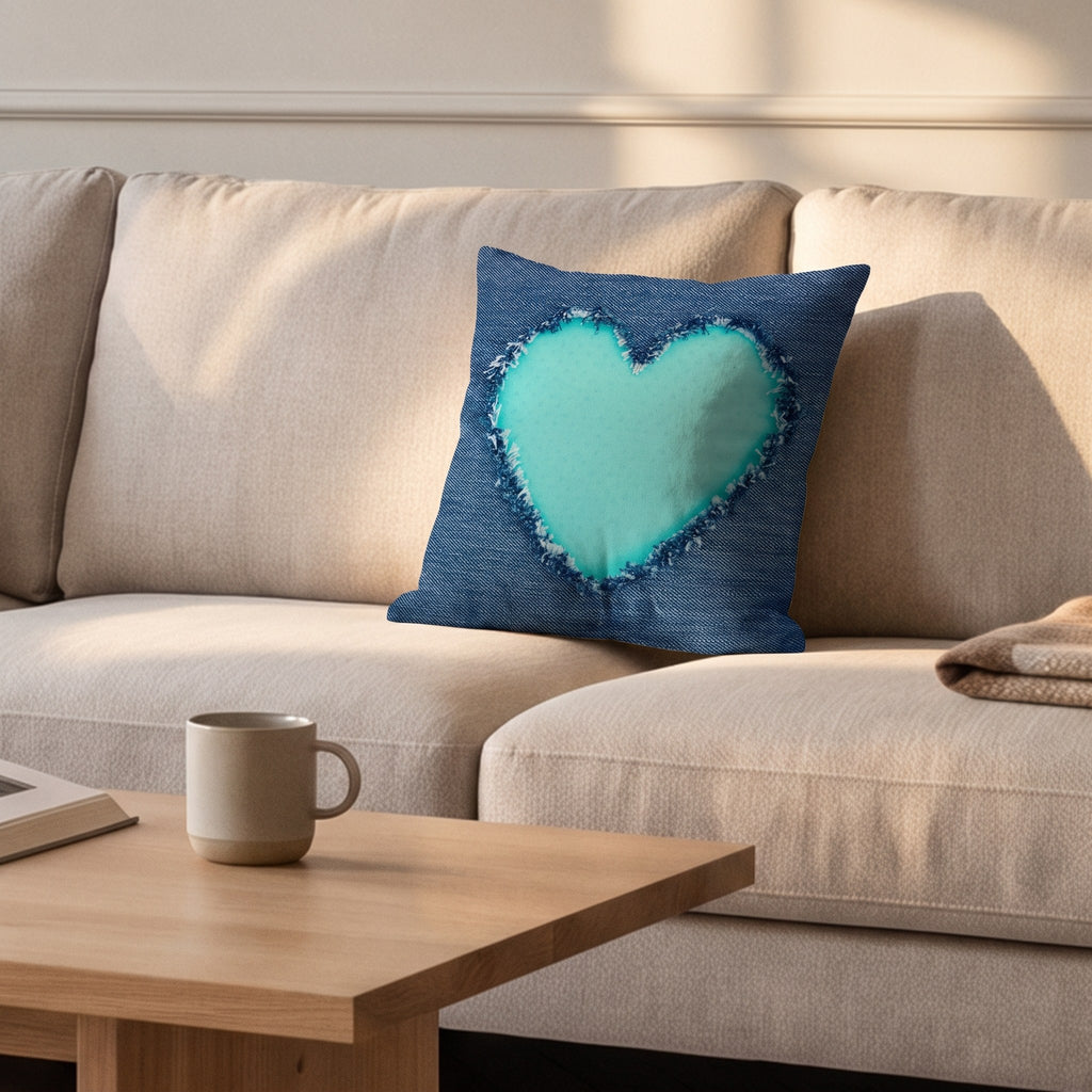 Housse de coussin, cœur turquoise sur jean, posée sur un canapé dans un salon