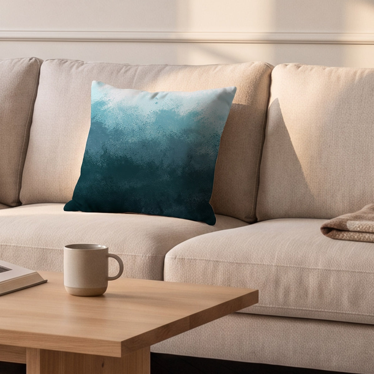 Housse de coussin, dégradé bleu canard, posée sur un canapé dans un salon