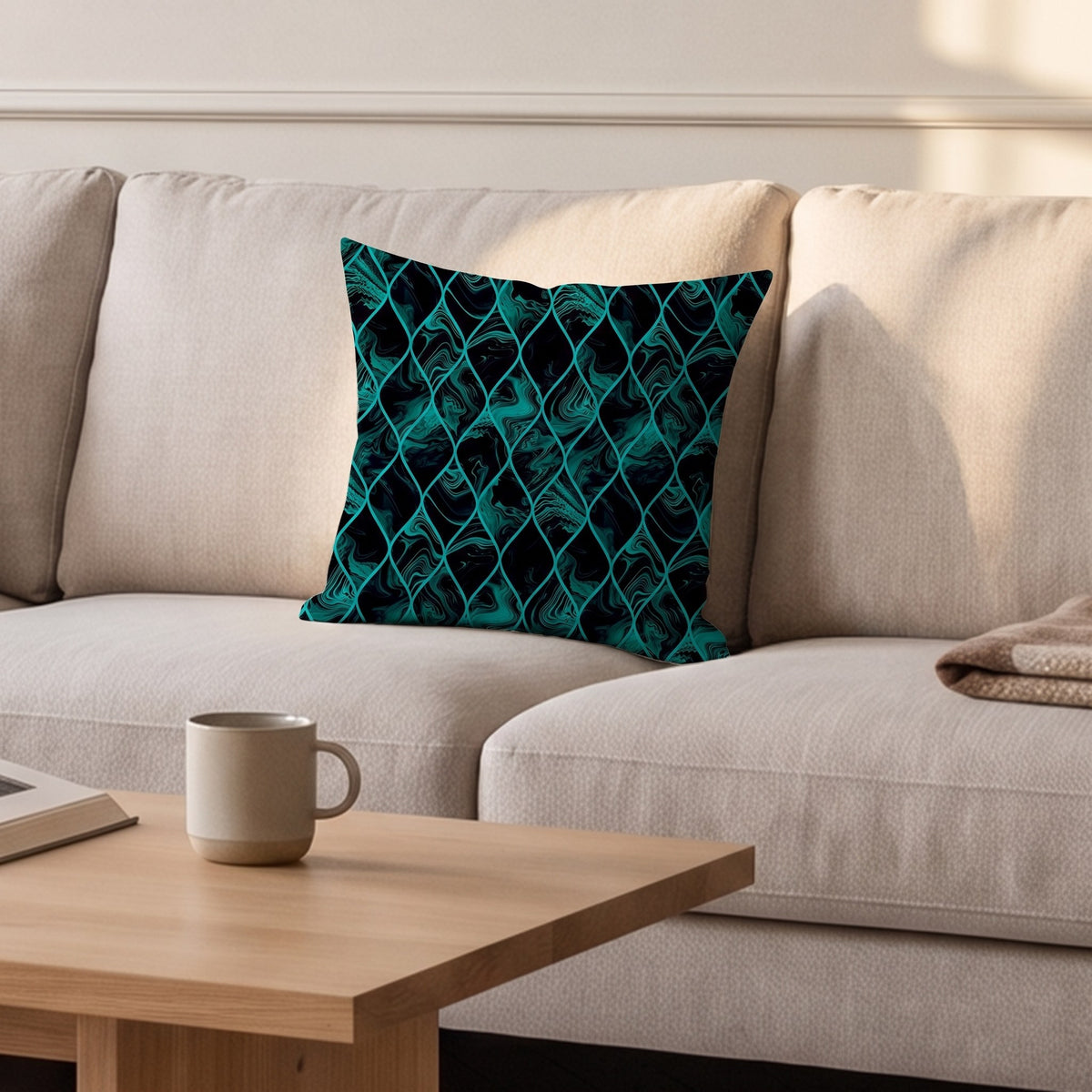 Housse de coussin, écailles noir et turquoise, posée sur un canapé dans un salon