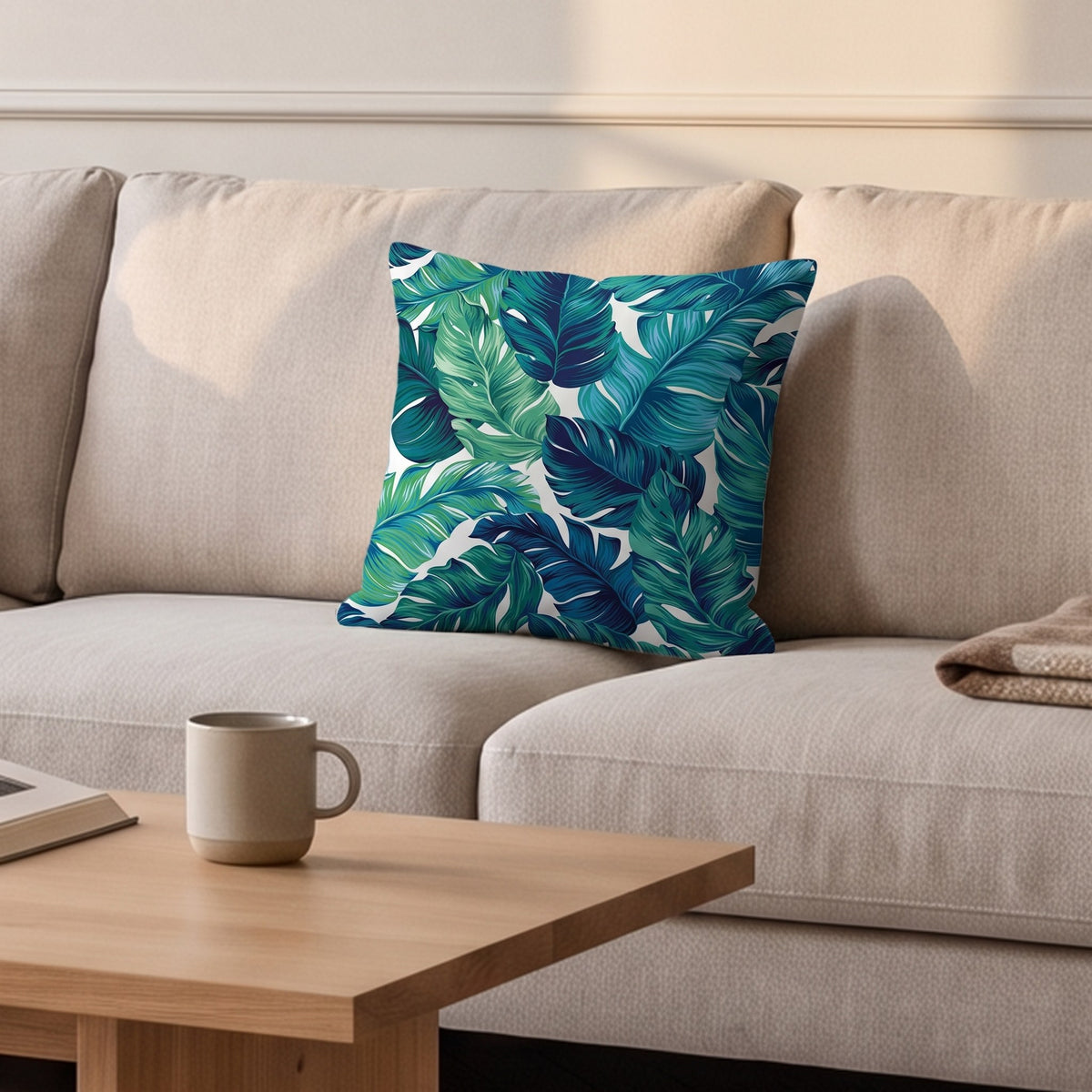 Housse de coussin, feuillage tropical, posée sur un canapé dans un salon