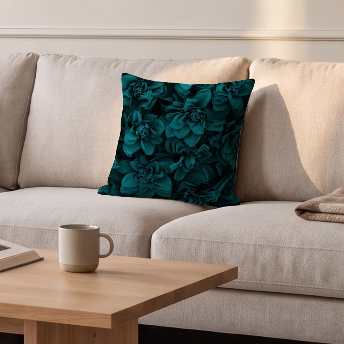 Housse de coussin, fleurs en relief vert canard, posée sur un canapé dans un salon