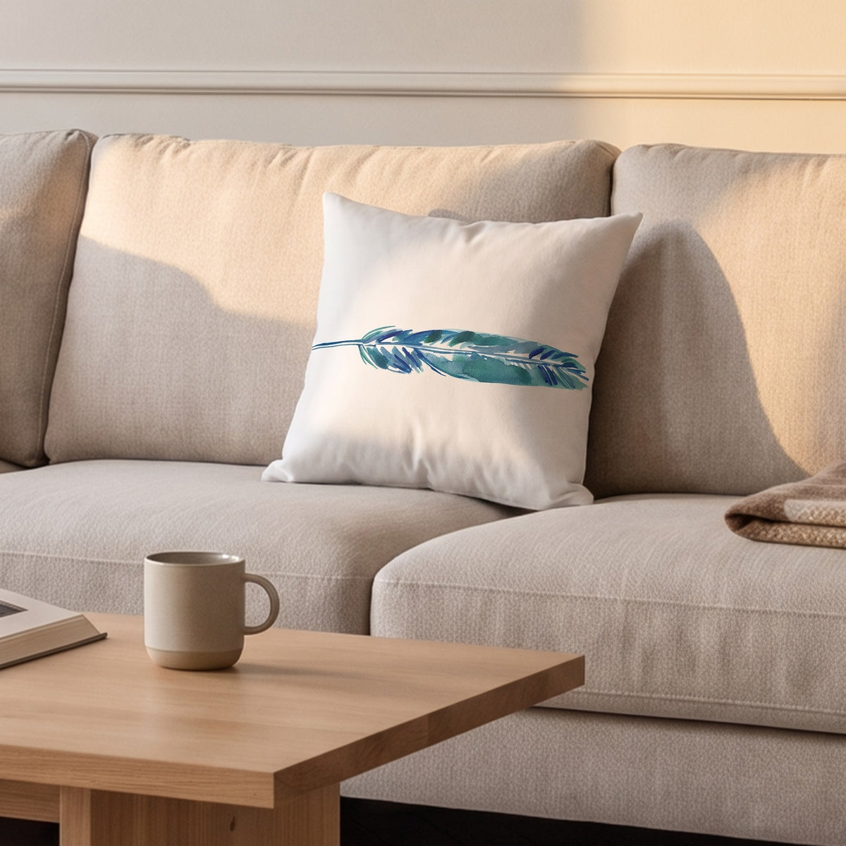 Housse de coussin, plume bleue sur blanc, posée sur un canapé dans un salon