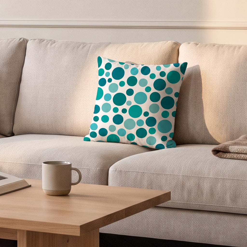 Housse de coussin, pois turquoise, posée sur un canapé dans un salon