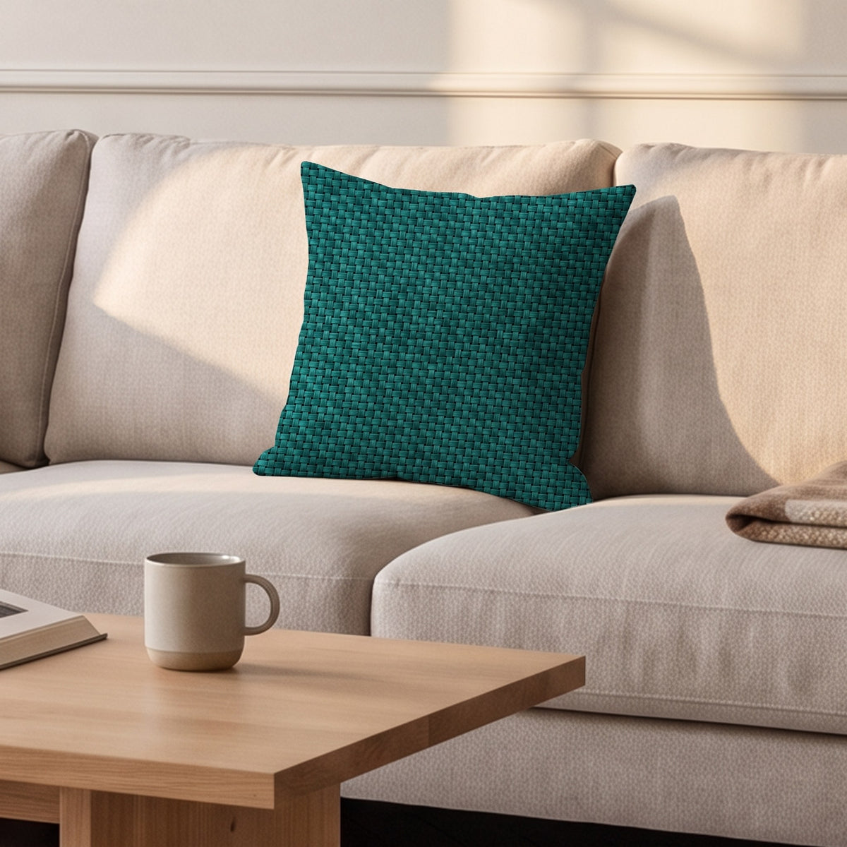 Housse de coussin, tissage vert émeraude, posée sur un canapé dans un salon