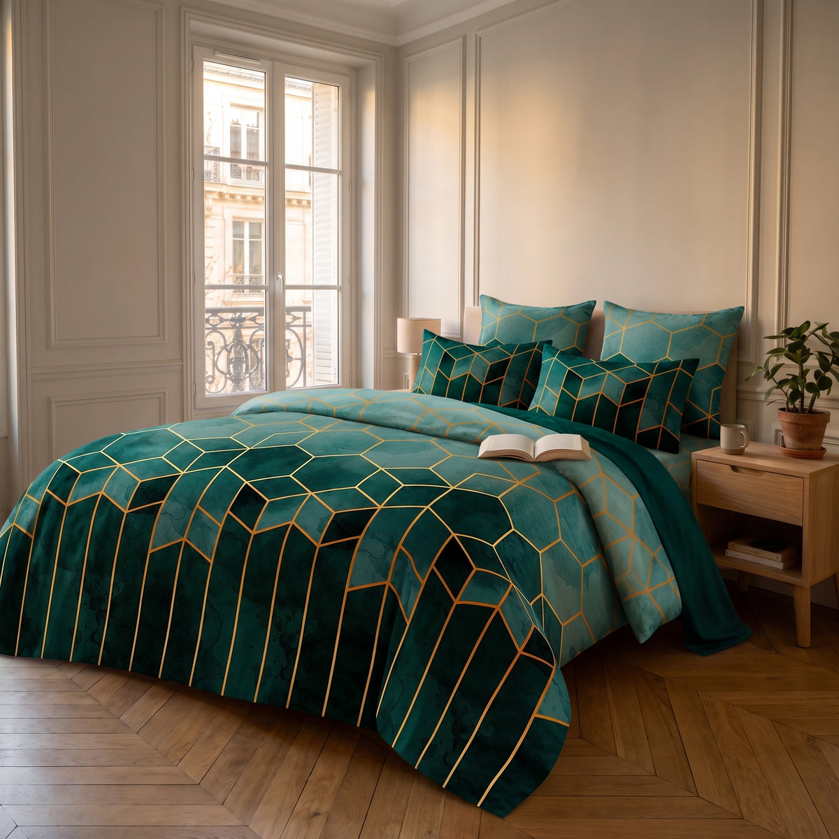 Housse de couette aux lignes dorées dans la chambre Image