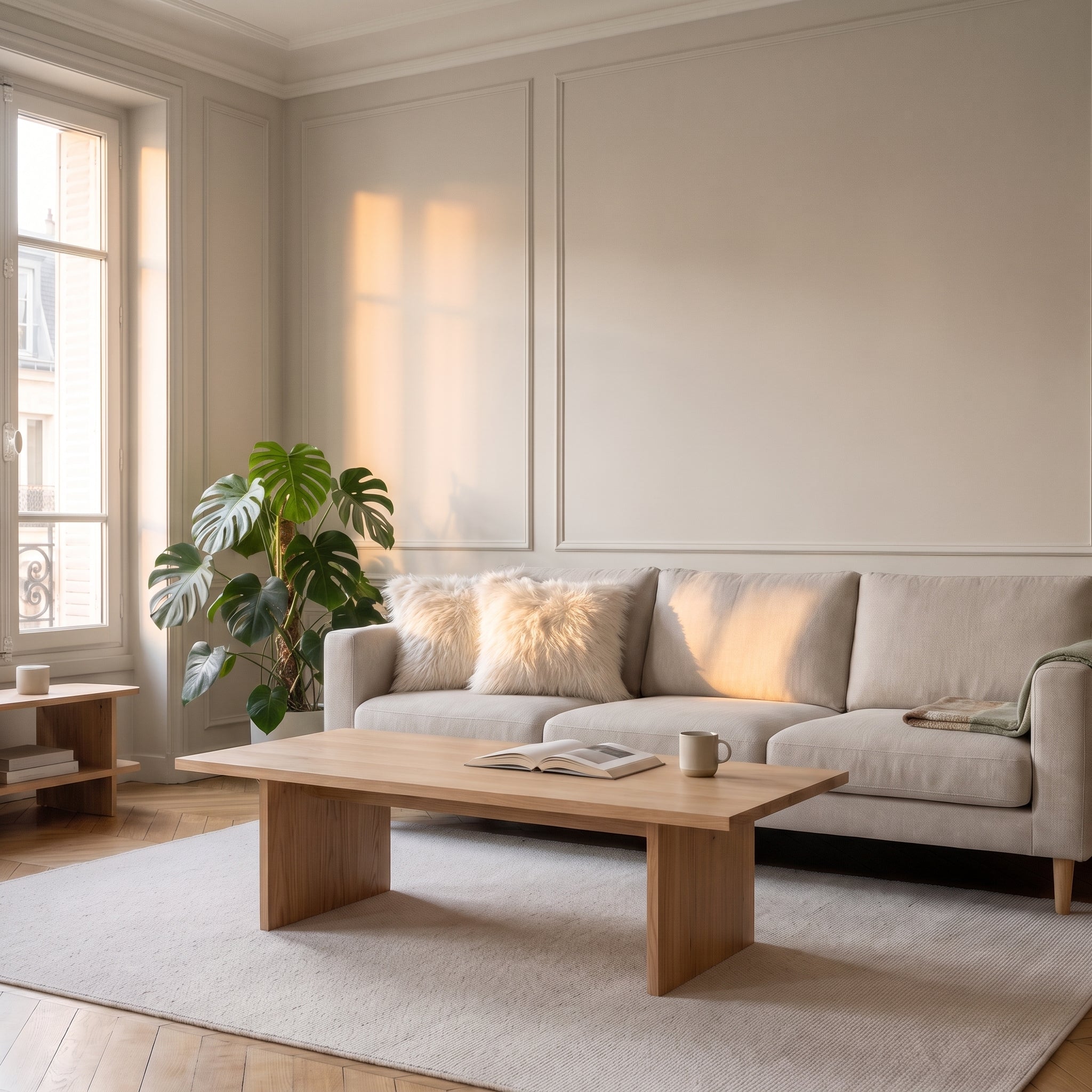Housse de coussin en fausse fourrure écrue posée dans le salon Image