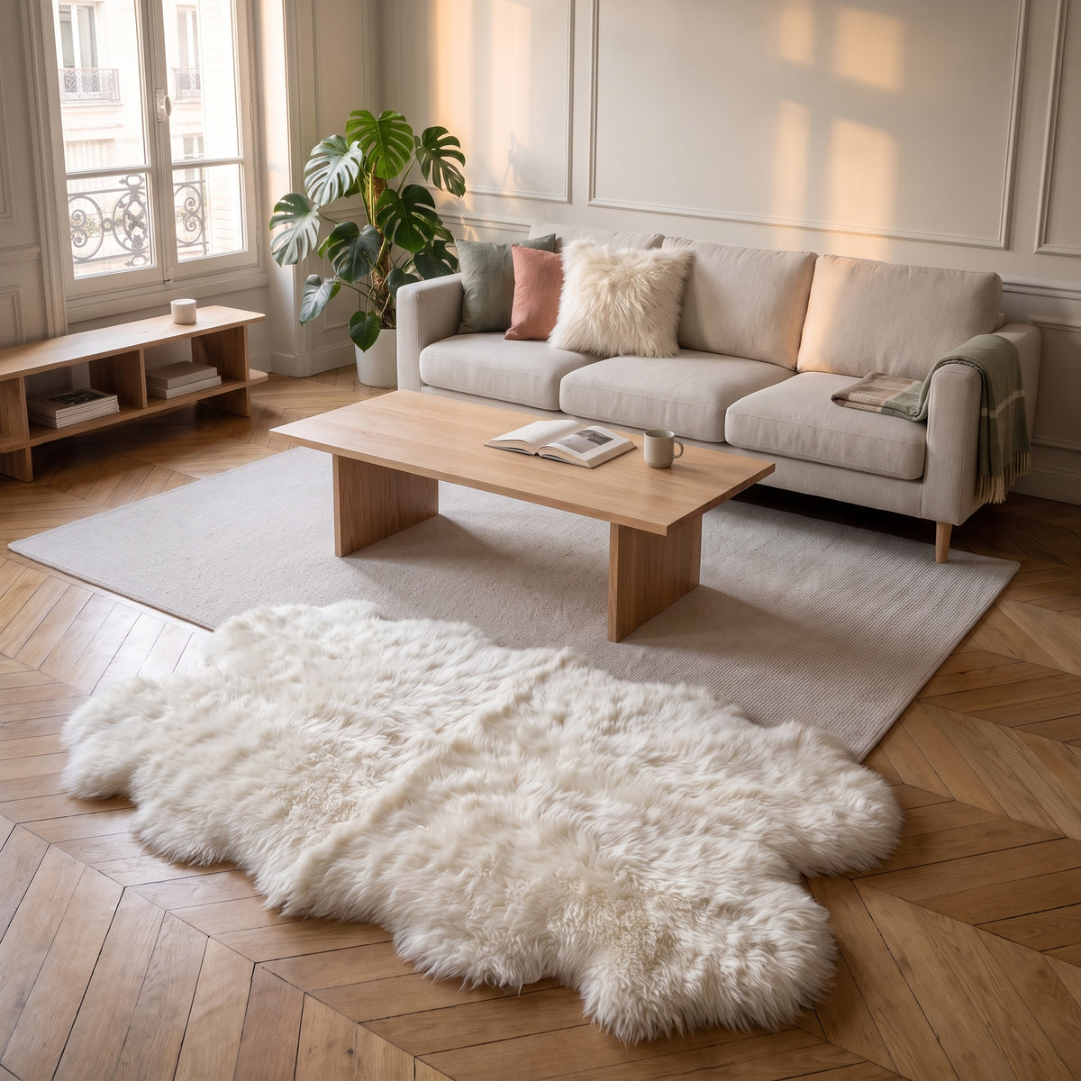Housse de coussin en fausse fourrure posée au sol Image