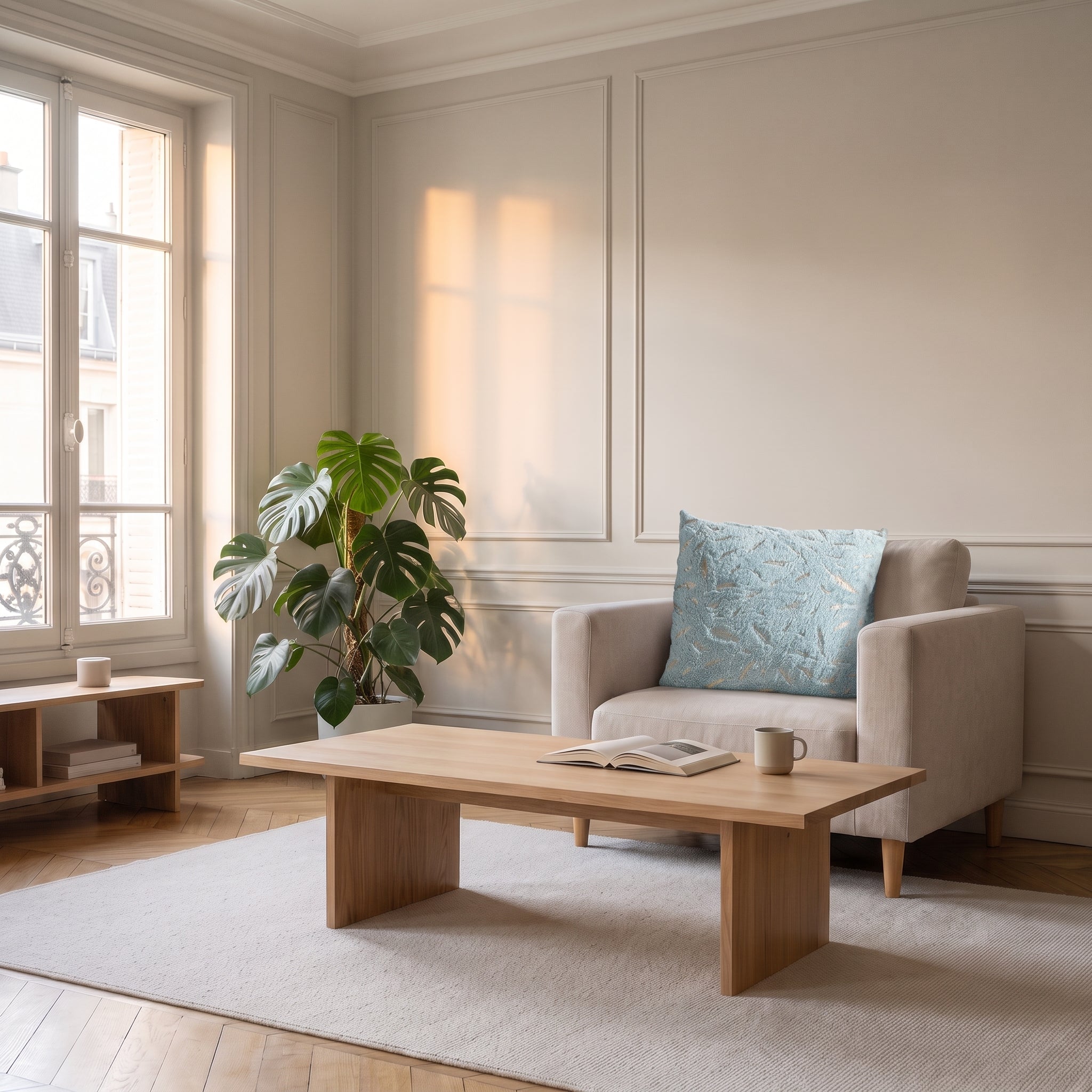 Housse de coussin en velours vert d'eau à plumes dorées posée dans le salon Image