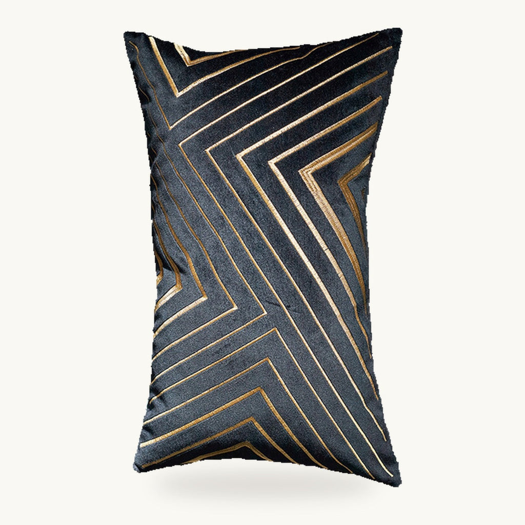 Housse de coussin noire rectangulaire à dessin géométrique doré