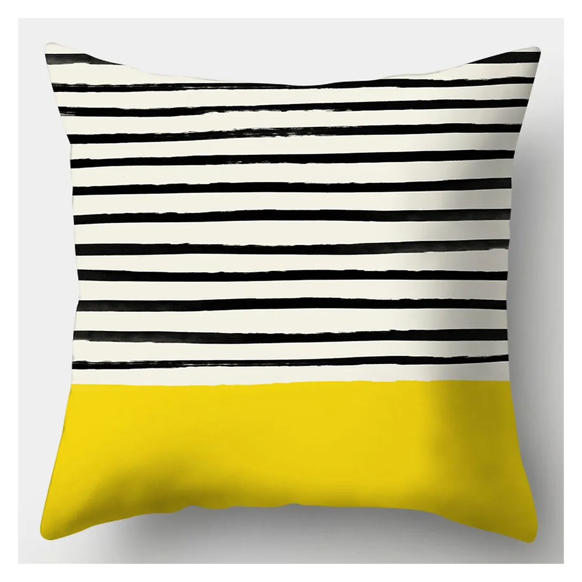 Housse de coussin à fines rayures noires et bande jaune, modèle 31