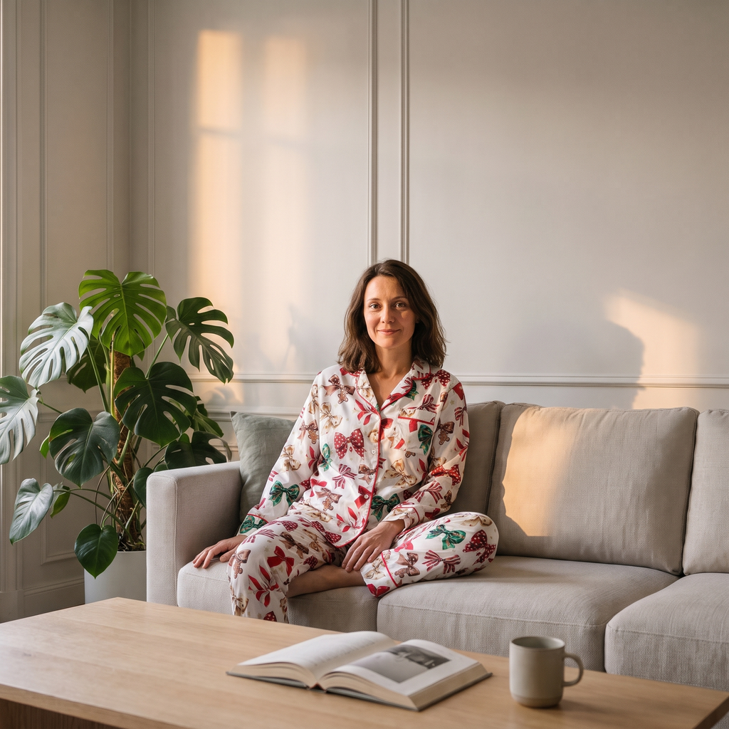 Pyjama de Noël femme à nœuds et cannes en sucre porté dans le salon