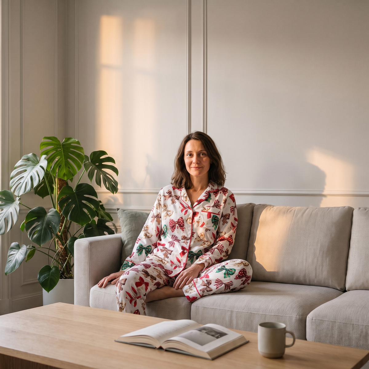 Pyjama de Noël femme à nœuds et cannes en sucre porté dans le salon