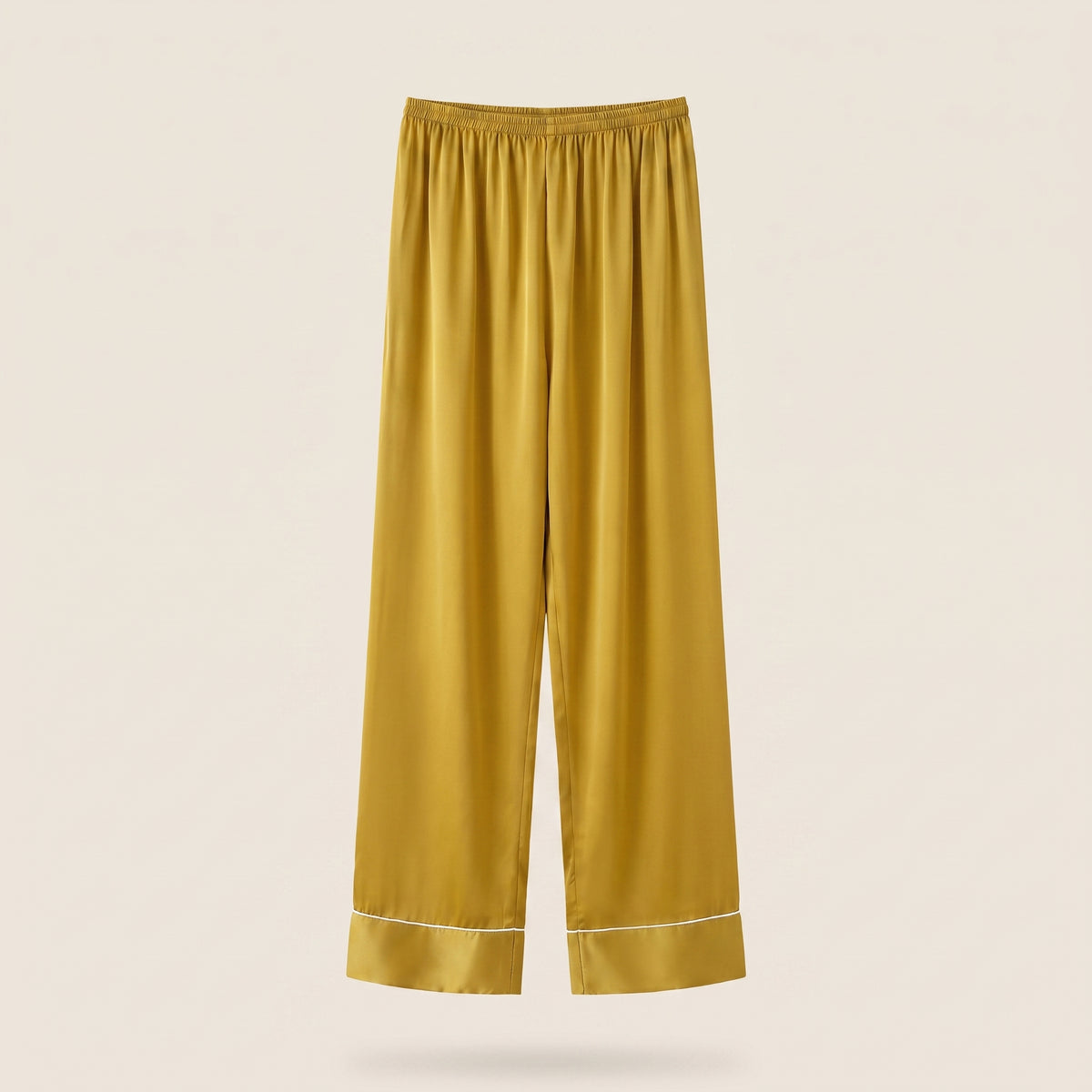 Pantalon de pyjama en satin moutarde, taille élastiquée et bas de jambe bordé d'un liseré blanc Image