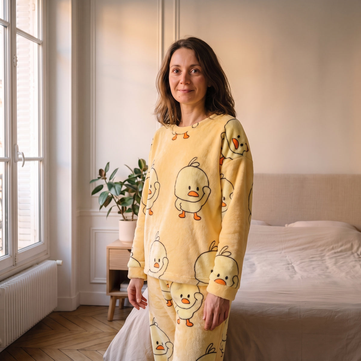 Femme portant le pyjama d'hiver jaune animaux dans une chambre lumineuse