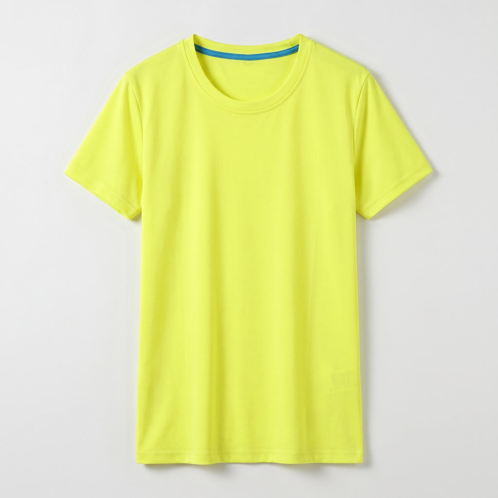 T-shirt jaune en coton posé à plat, vu du dessus