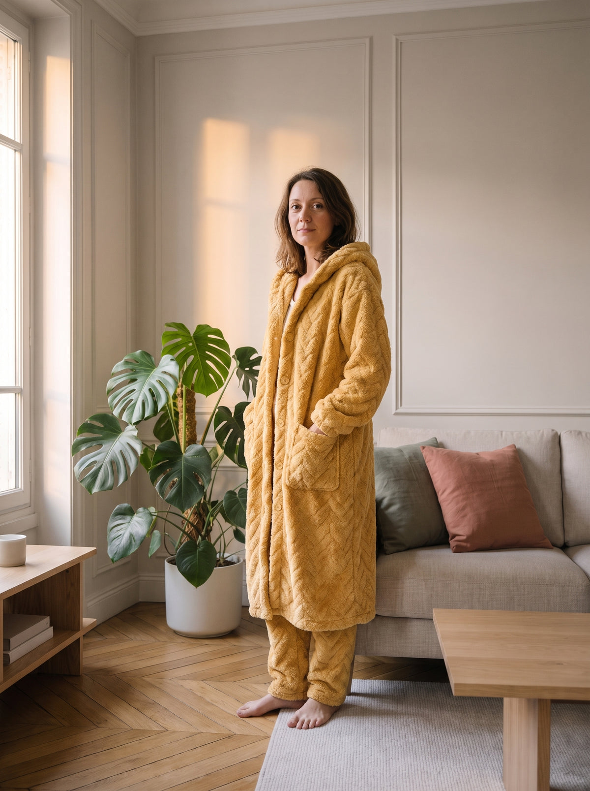 Femme châtain du casting Moment Cocooning portant l'ensemble pyjama jaune dans le salon