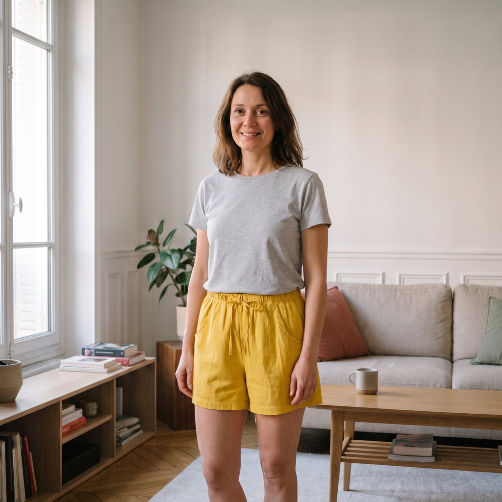 Short femme en coton et lin jaune porté dans un salon