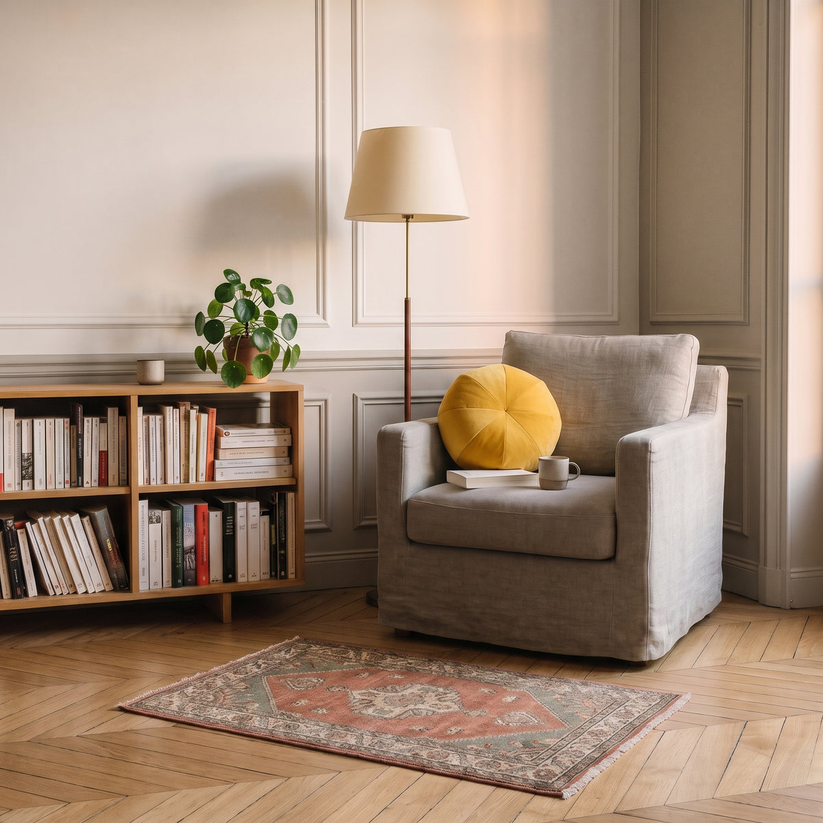 Coussin rond nordique en velours jaune, posé dans un fauteuil de lecture