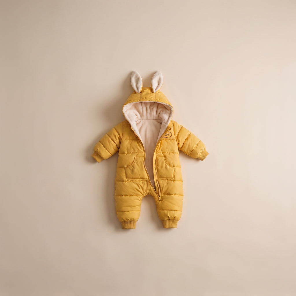 Combinaison doudoune bebe jaune moutarde a capuche oreilles de lapin, sur fond uni