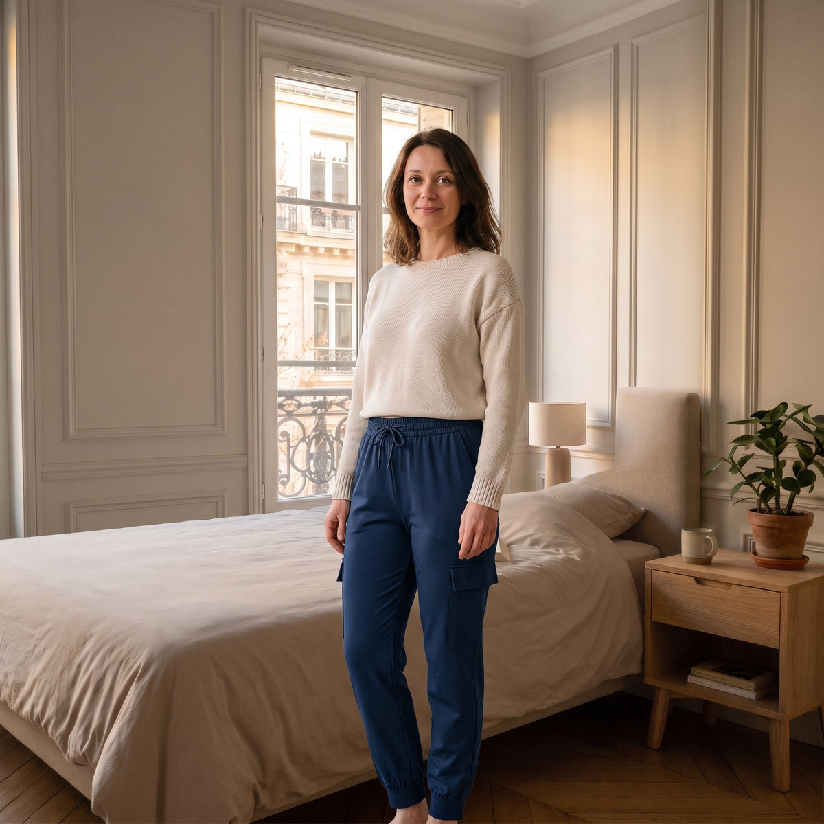 Jogging cargo femme bleu marine porté dans une chambre lumineuse Image