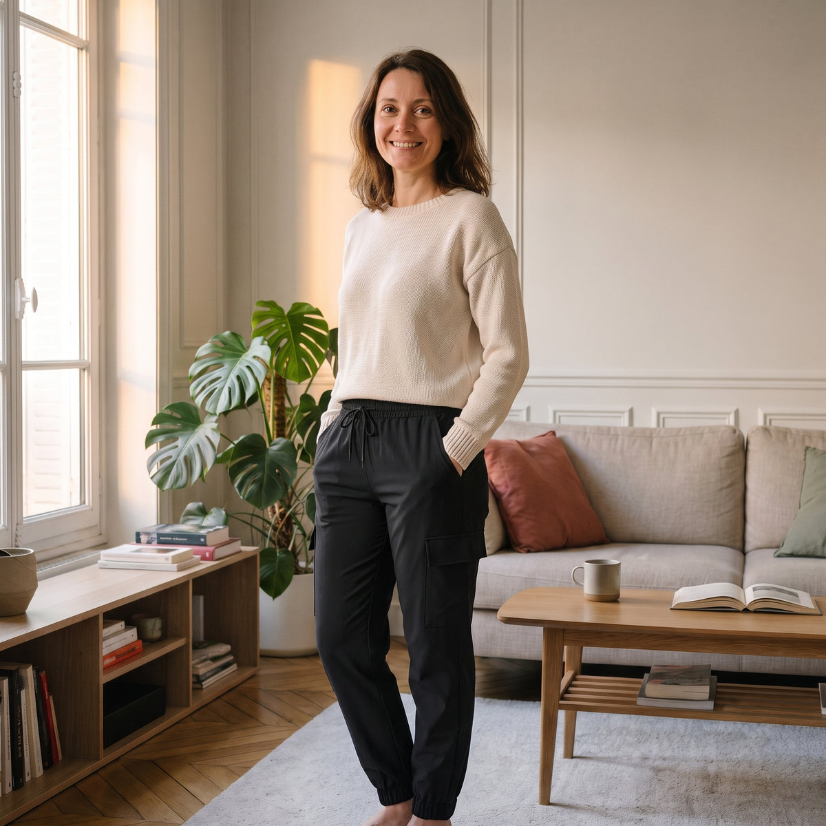 Jogging cargo femme noir porté près du canapé dans le salon Image