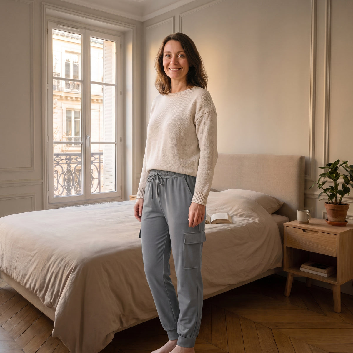 Jogging cargo femme gris porté dans une chambre lumineuse Image