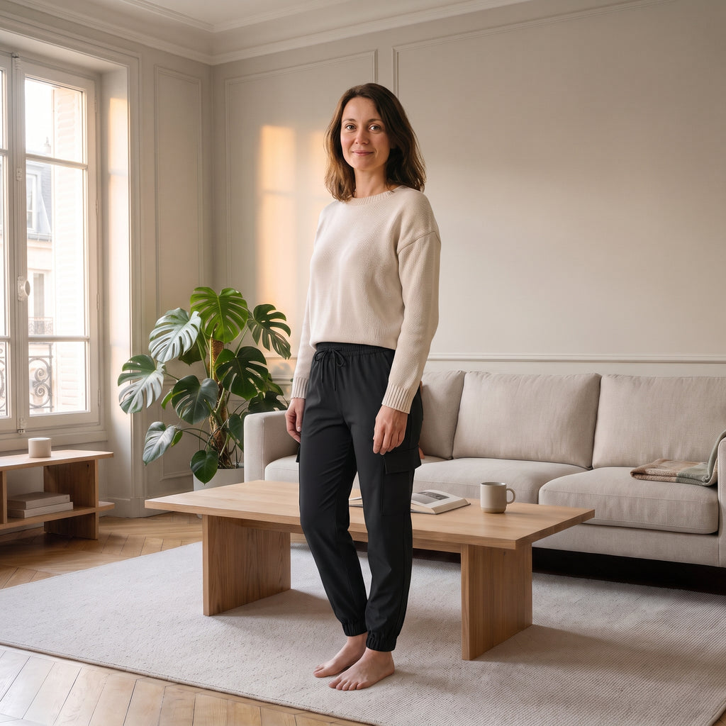 Jogging cargo femme noir porté dans un salon lumineux