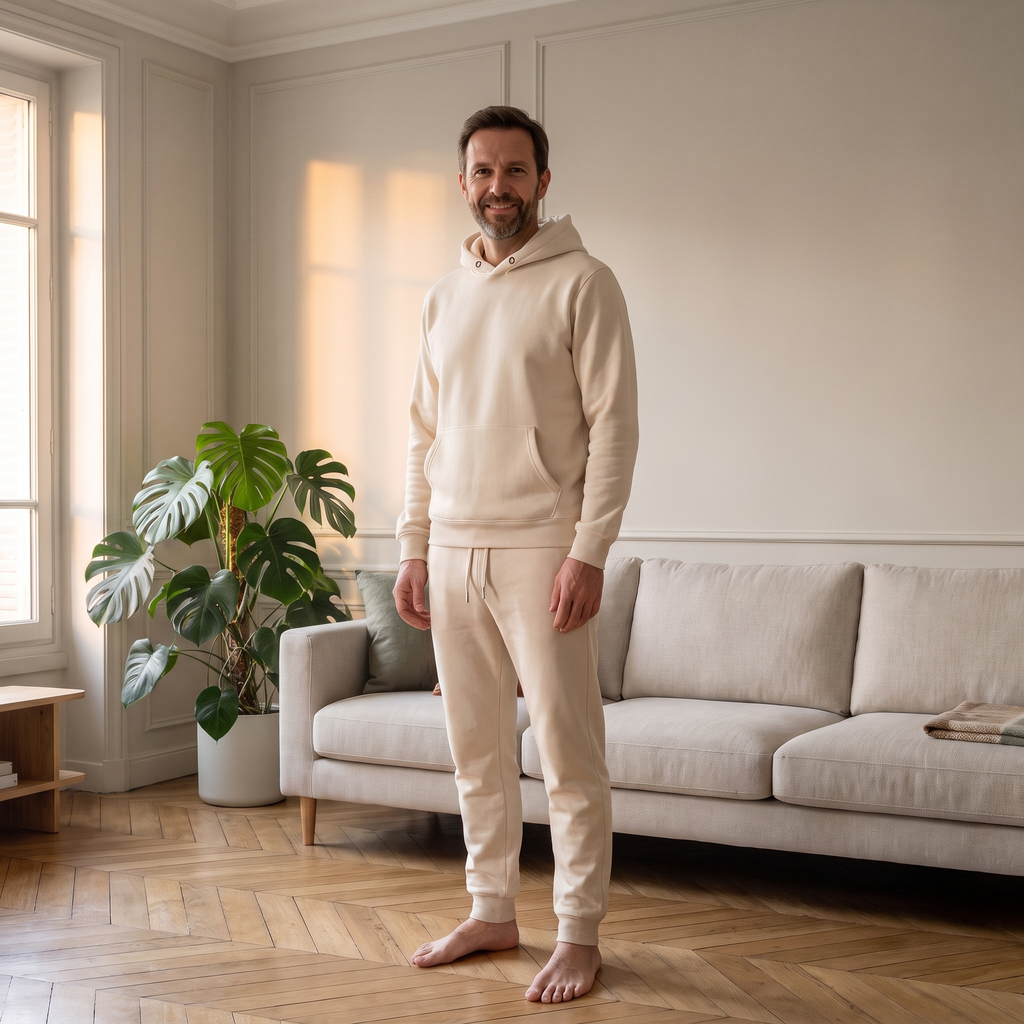 Ensemble jogging chaud homme beige porté à la maison