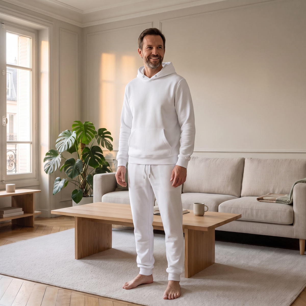Ensemble jogging chaud homme blanc porté à la maison